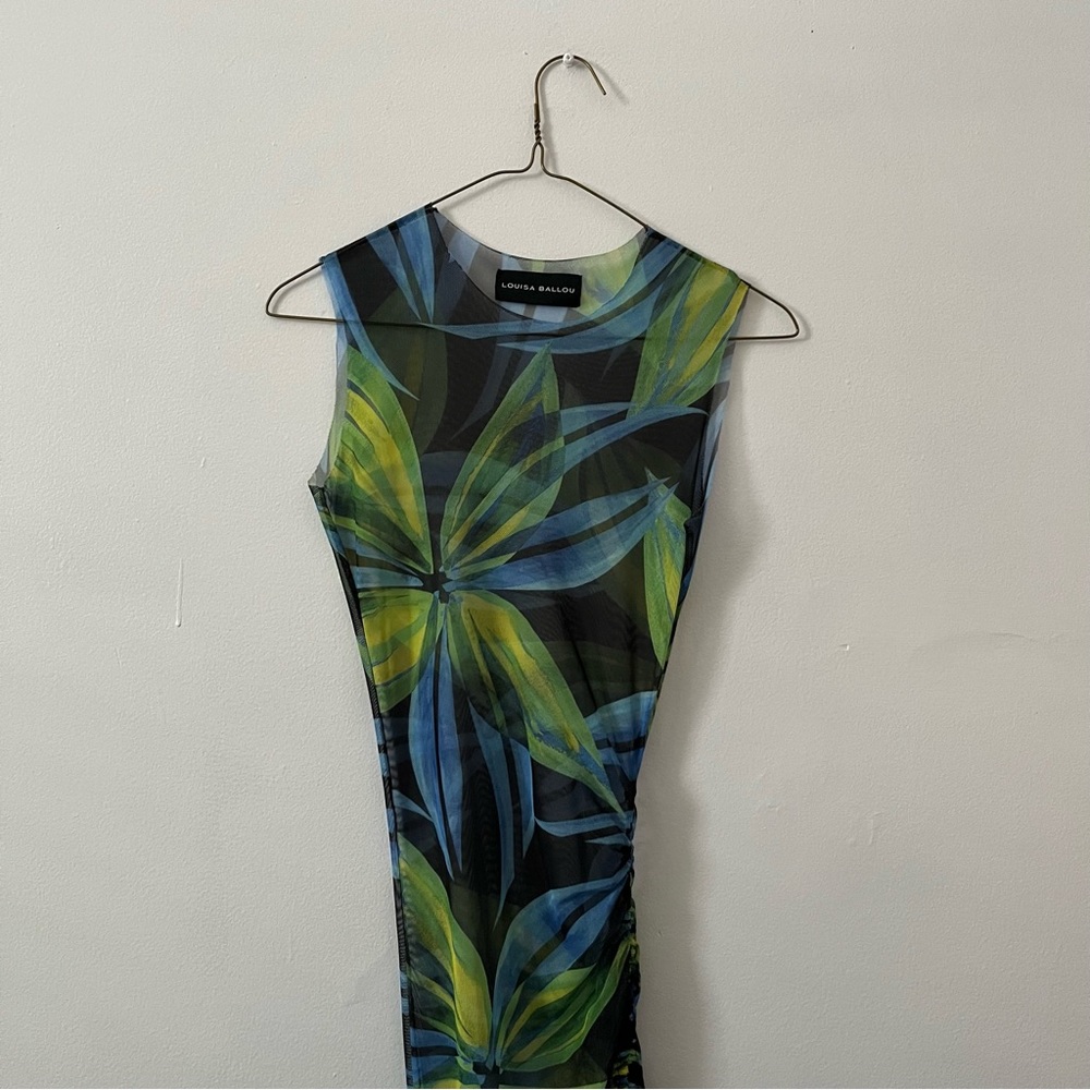 Louisa Ballou Sleeveless Midi Dress in Blue and Green Leaf Print